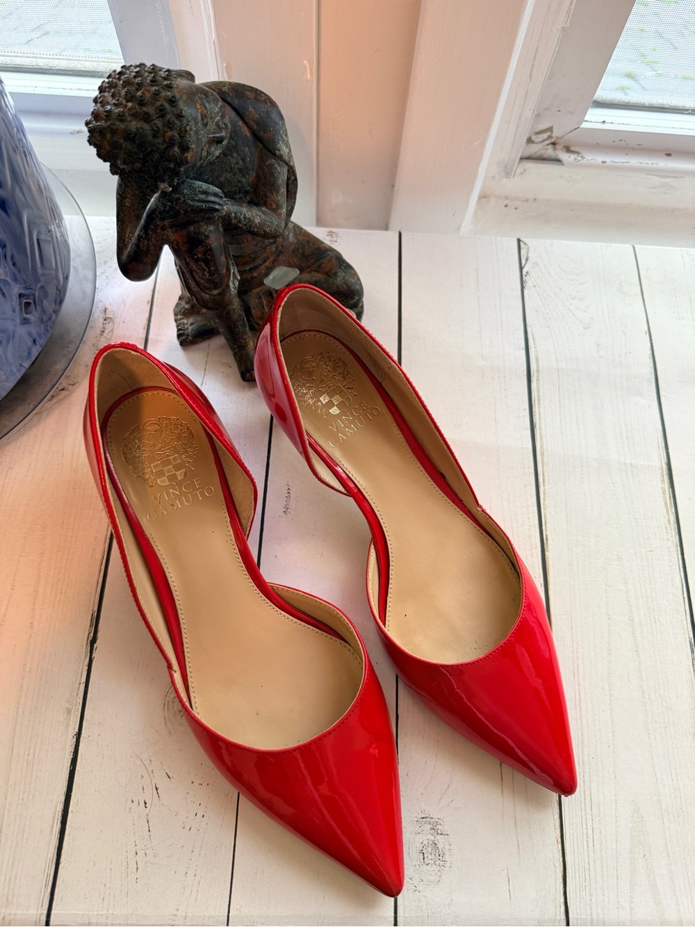 Vince Camuto | Red Patent Leather Pointed-Toe Kitten Heels - Picture 2 of 15